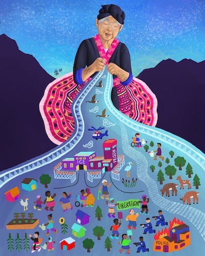Tori Hong’s illustration Abolitionist Elder. An older woman knits a blanket that shows different scenes of people among a prison, houses, a garden, and a police station on fire.